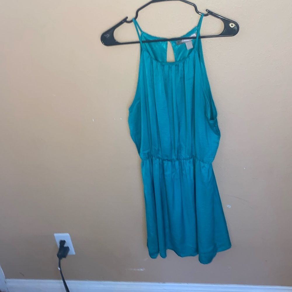 Forever 21 Emerald Green Double Lined Satin Halter Eyelet Back Dress Large